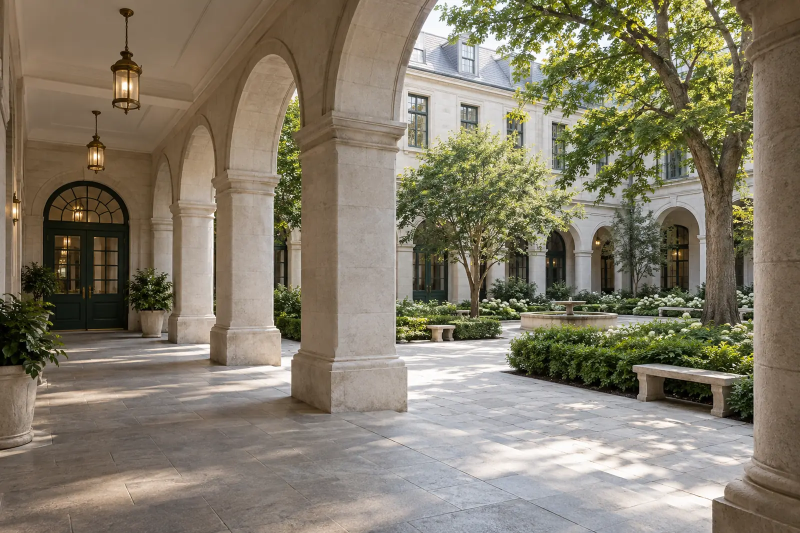 The cloister and courtyard of DNAAlign's Coast City campus
